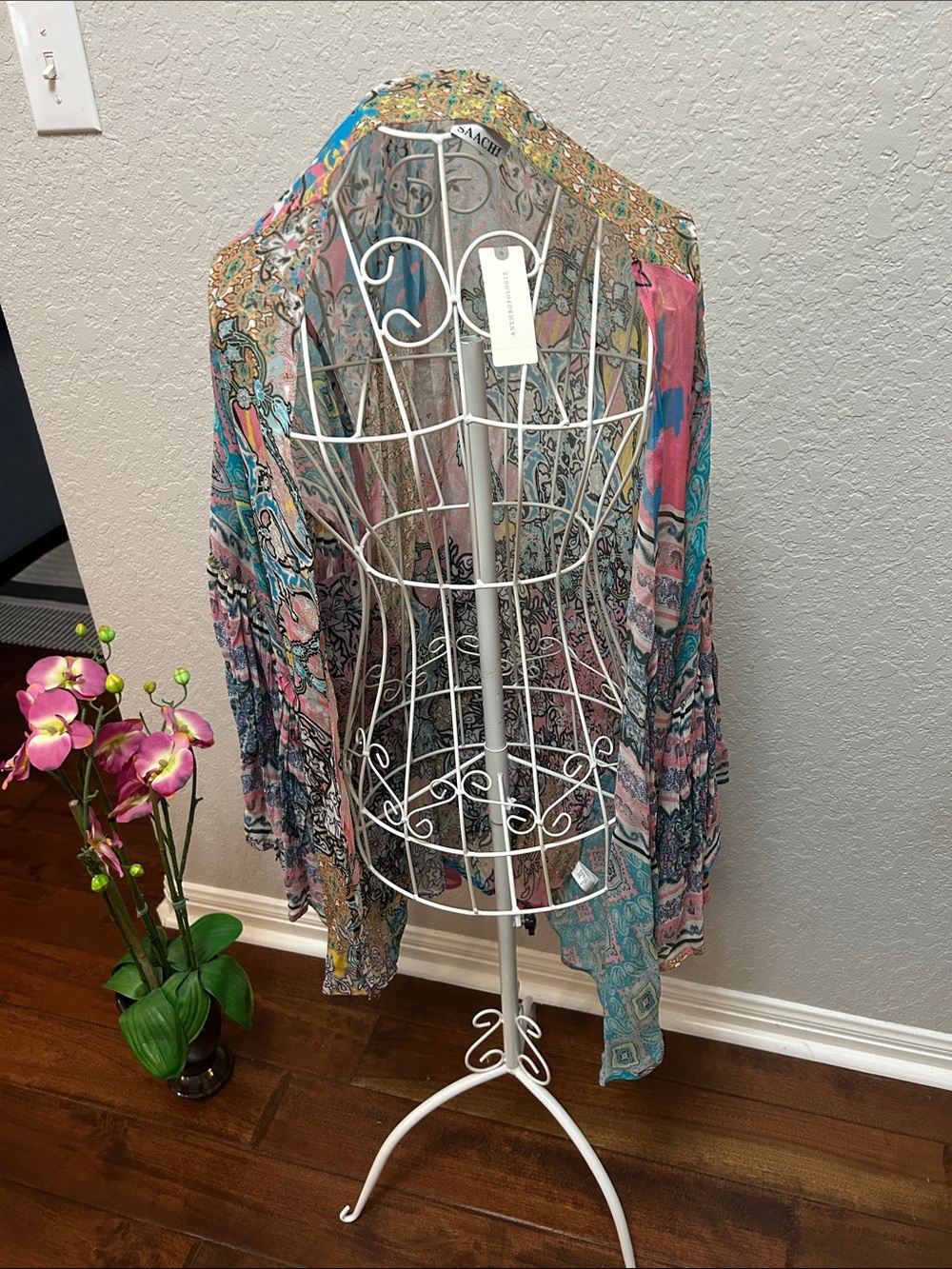 Vibrant Paisley Open-Front Kimono with Gold Trim by Antropologie